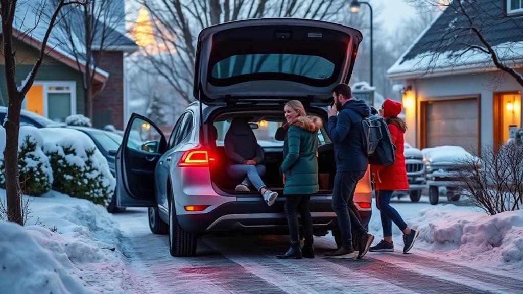 Familie ved elbil i norsk vinterlandskap